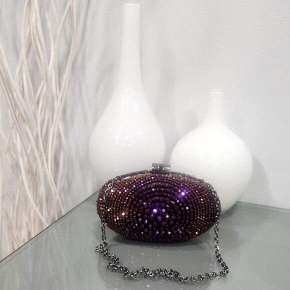 💥GLAM & SEXY!💥VINTAGE Caché Luxurious Sparkly Aubergine Purple Crystal Clutch - Picture 5 of 15